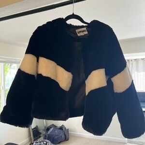 Apparis Black and Cream Faux Fur Coat